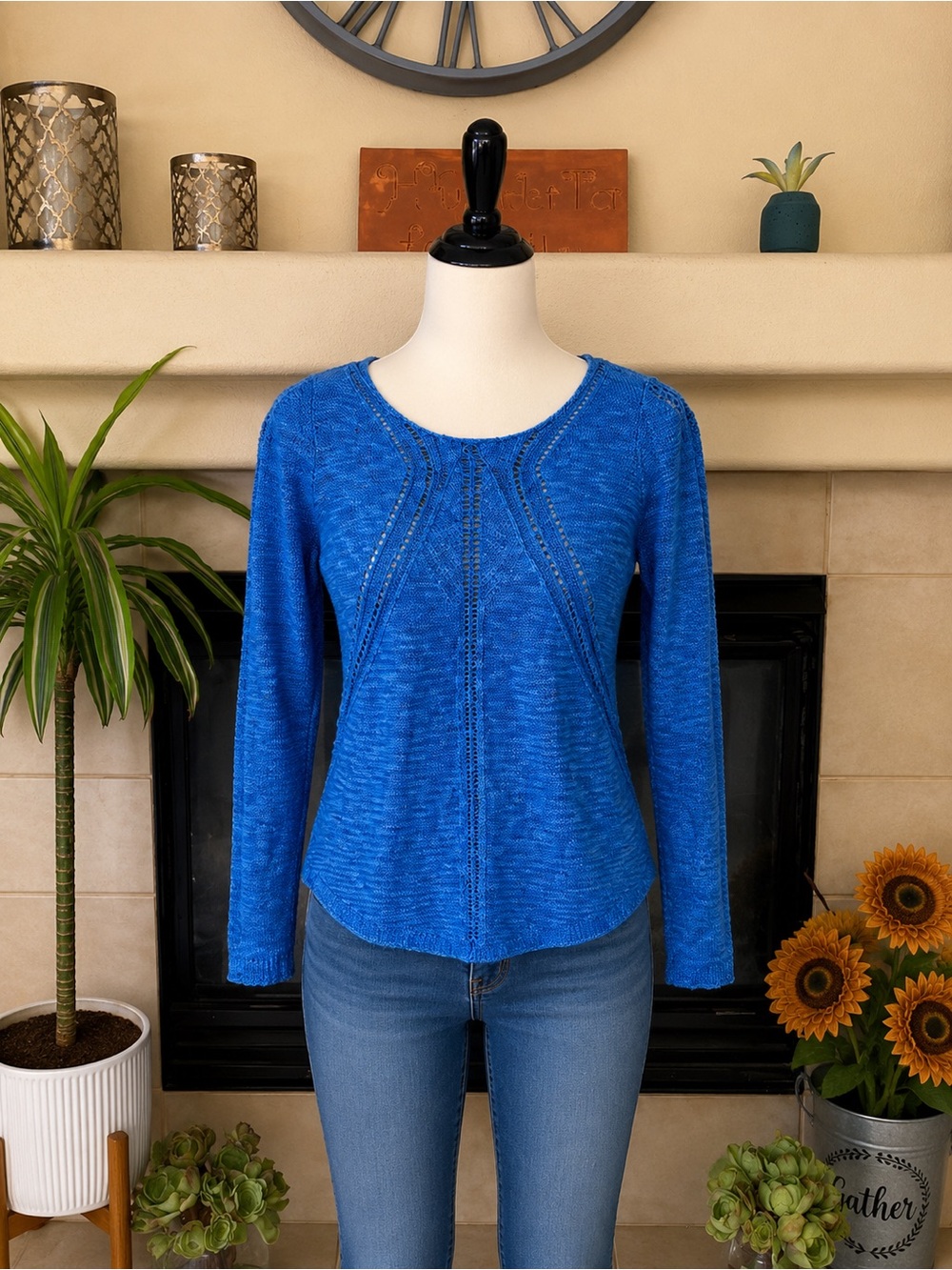 Pink Rose Blue Open Knit Long Sleeve Sweater Women’s XS Lightweight Pullover